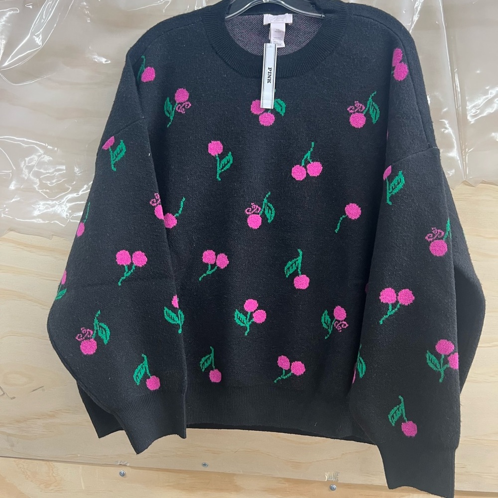 PINK Victoria's Secret Black Sweater with Pink and Green Floral Design - Picture 4 of 6